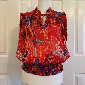Rachel Zoe Multicolor Abstract Floral Ruffle Sleeve Smocked Waist Top Size Large
